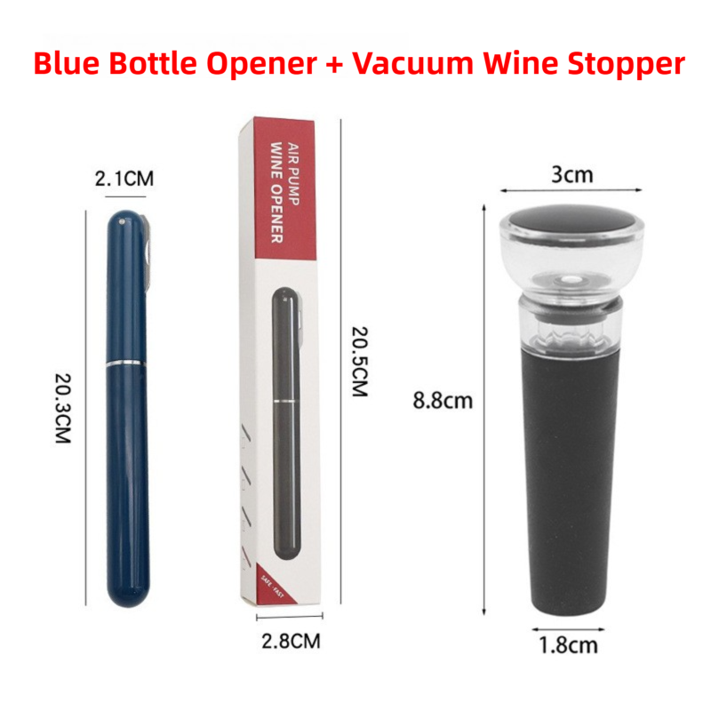 Blue Pen-Style Air Pressure Wine Bottle Opener with Vacuum Wine Stopper Set - Effortless Cork Removal for Home & Champagne Party