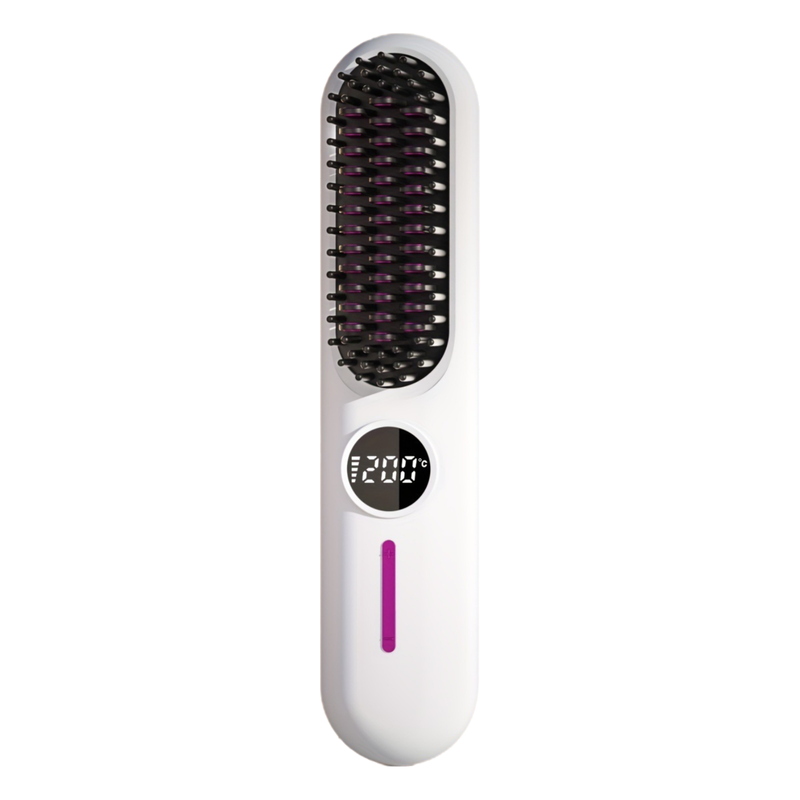 S01 White Cordless Hair Straightener Brush - 2-in-1 Curling & Straightening Tool with LED Power Display and 7-Level Temp Control, Mini Quick Heat Anti-Damage