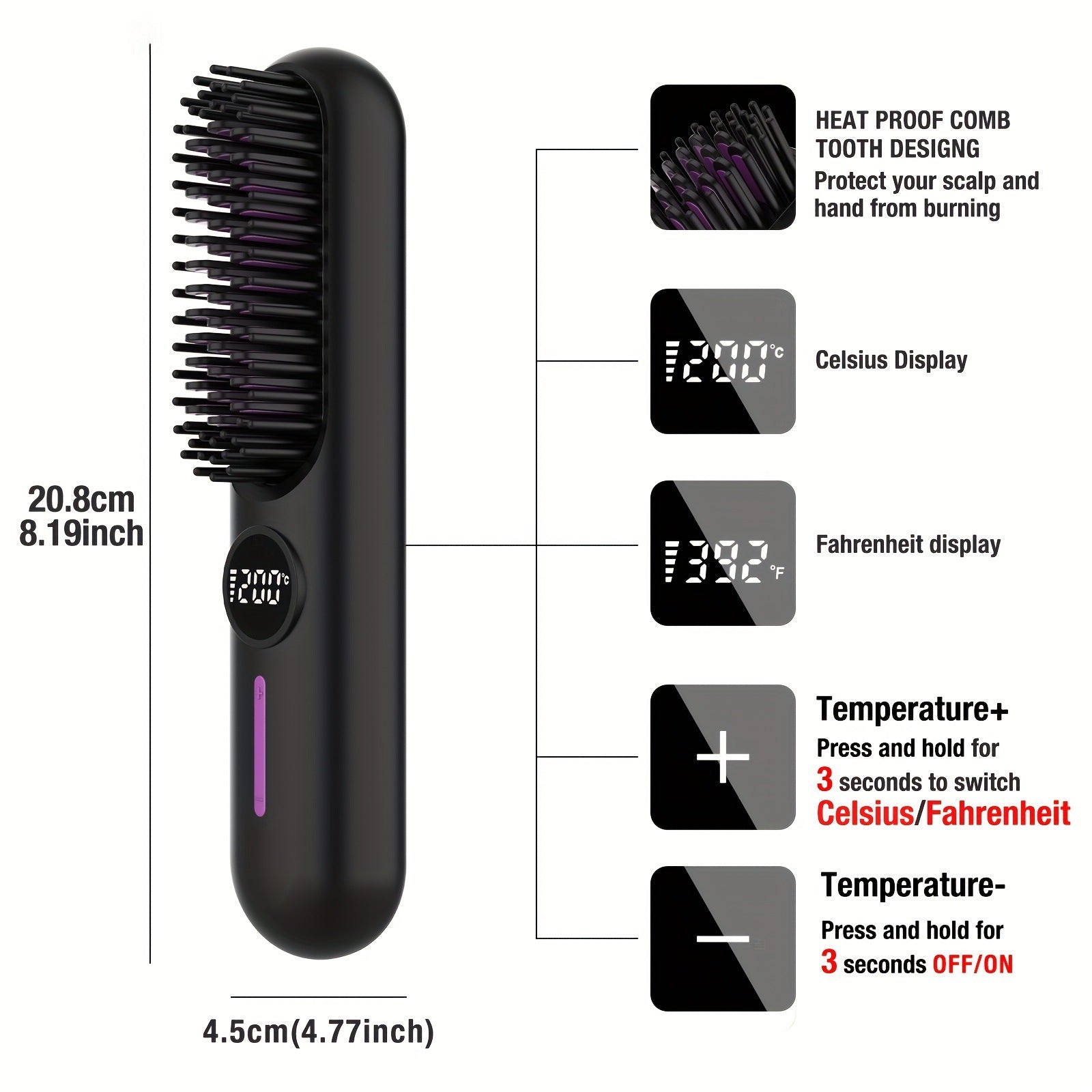 S01 White Cordless Hair Straightener Brush - 2-in-1 Curling & Straightening Tool with LED Power Display and 7-Level Temp Control, Mini Quick Heat Anti-Damage