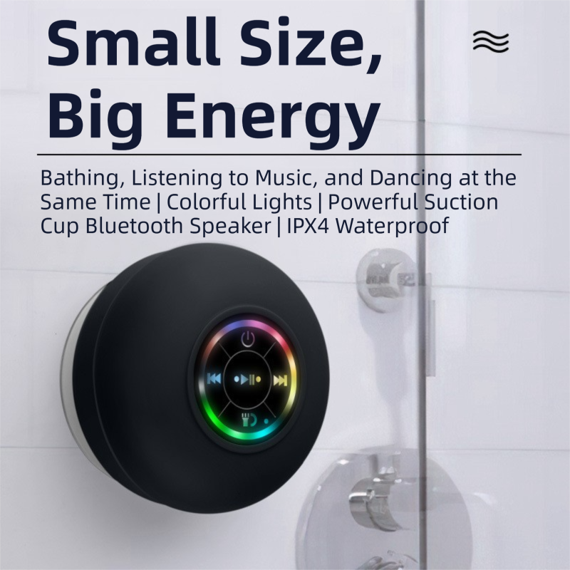 Black IPX4 Waterproof Portable Bluetooth Shower Speaker with Suction Cup & LED Light - Multi-Use As Phone Stand, Built-in Mic for Hands-Free Calling