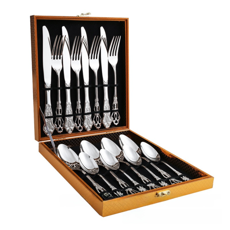4Set / 16PCS Silver Royal Court Cutlery Set - Vintage Hollow Engraved 410 Stainless Steel Dinnerware with Gift Box