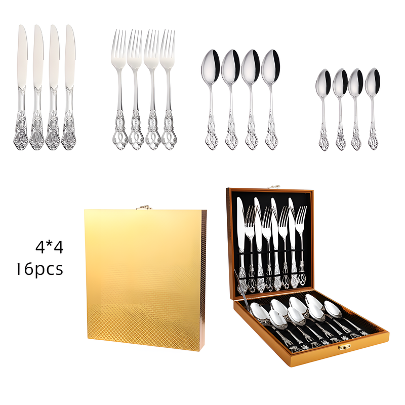 4Set / 16PCS Silver Royal Court Cutlery Set - Vintage Hollow Engraved 410 Stainless Steel Dinnerware with Gift Box