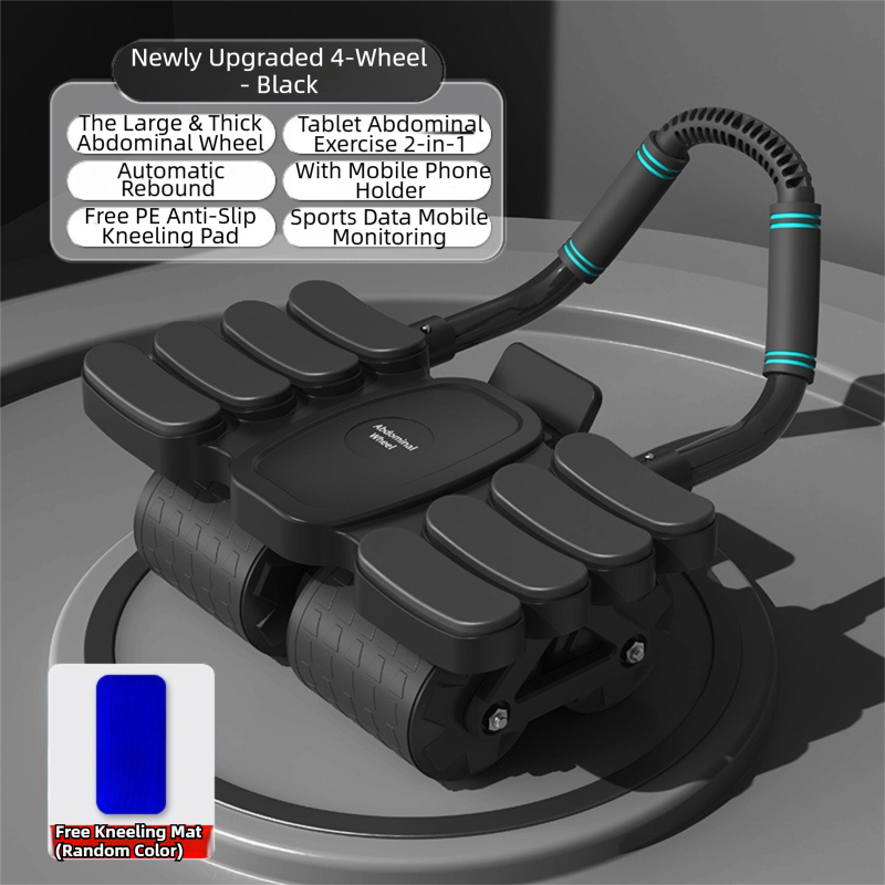 Black 4-Wheel Automatic Rebound Ab Roller with 8 Elbow Support - Core Trainer  for Home Abdominal Muscle Workout (Beginner-Friendly)