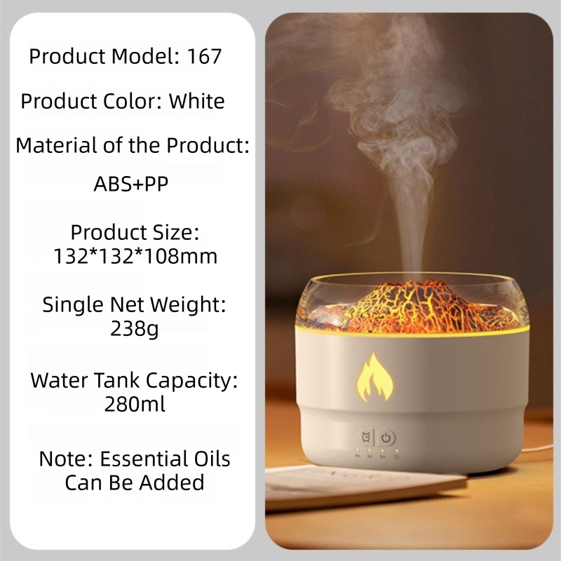 167 White Simulation Volcano Diffuser & Humidifier - Smart Timer Ultrasonic Mister with Volcano Lava Crack Shell and Colorful Light