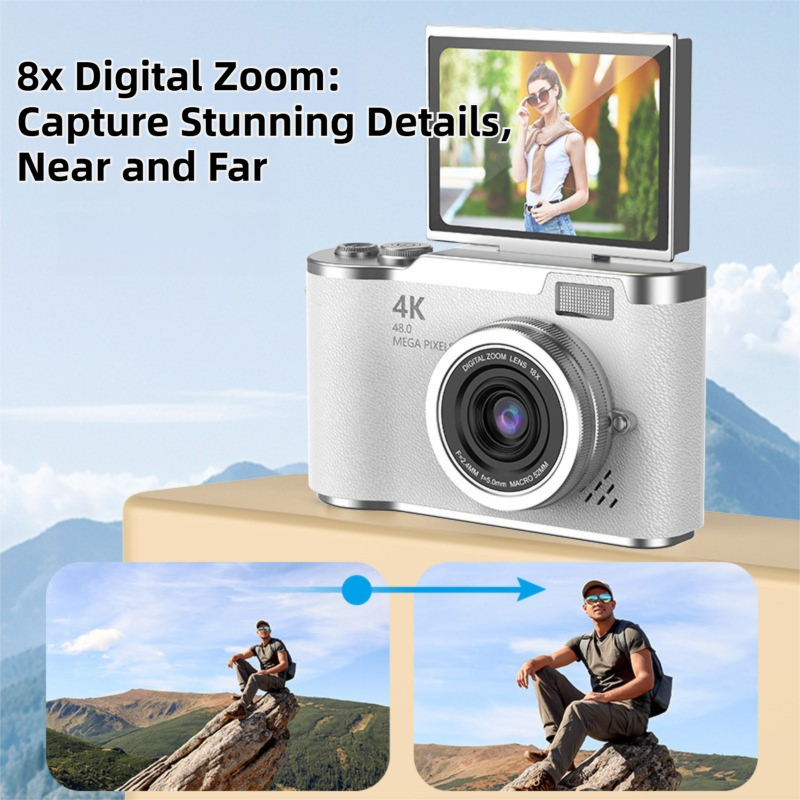 Purple 4K Compact Digital CCD Camera for Vlogging & Students - Portable Point and Shoot with 2.4-inch Rotating Screen, 8X Optical Zoom, and Anti-Shake