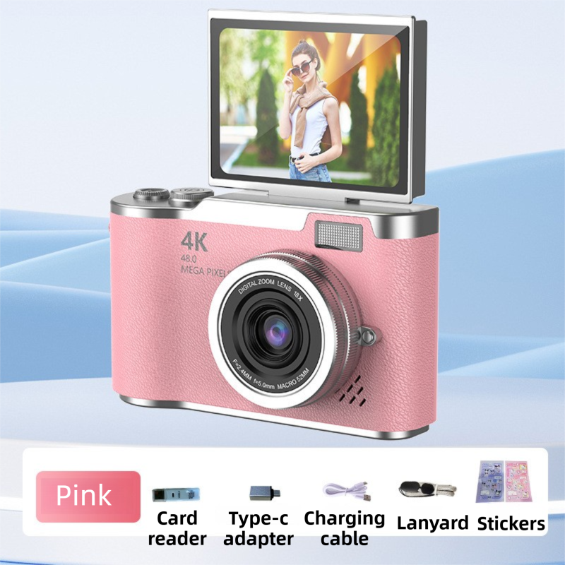 Pink 4K Compact Digital CCD Camera for Vlogging & Students - Portable Point and Shoot with 2.4-inch Rotating Screen, 8X Optical Zoom, and Anti-Shake