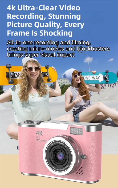 Yellow 4K Compact Digital CCD Camera for Vlogging & Students - Portable Point and Shoot with 2.4-inch Rotating Screen, 8X Optical Zoom, and Anti-Shake