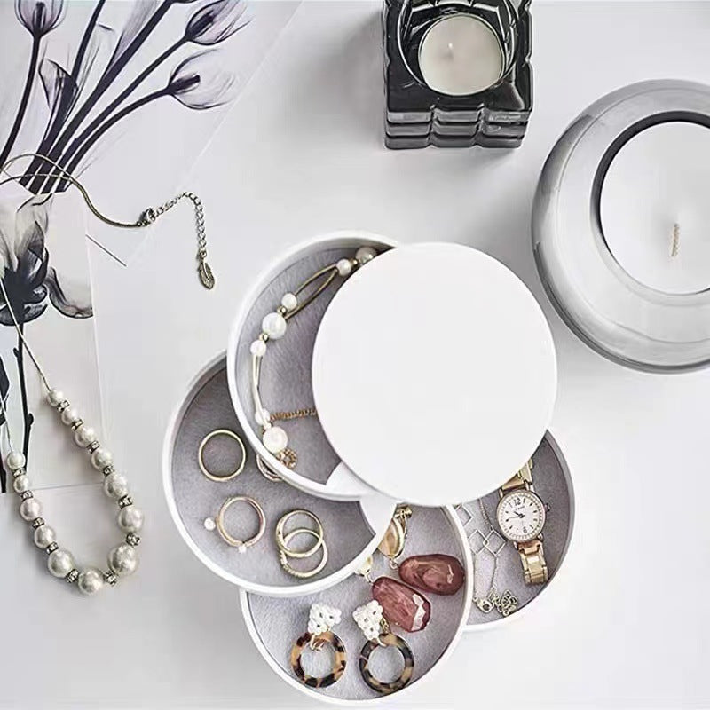 White 4-Layer Rotating Jewelry Storage Box - Dust-Proof Velvet Lined Organizer for Rings, Coins, and Hair Accessories (10x10CM)