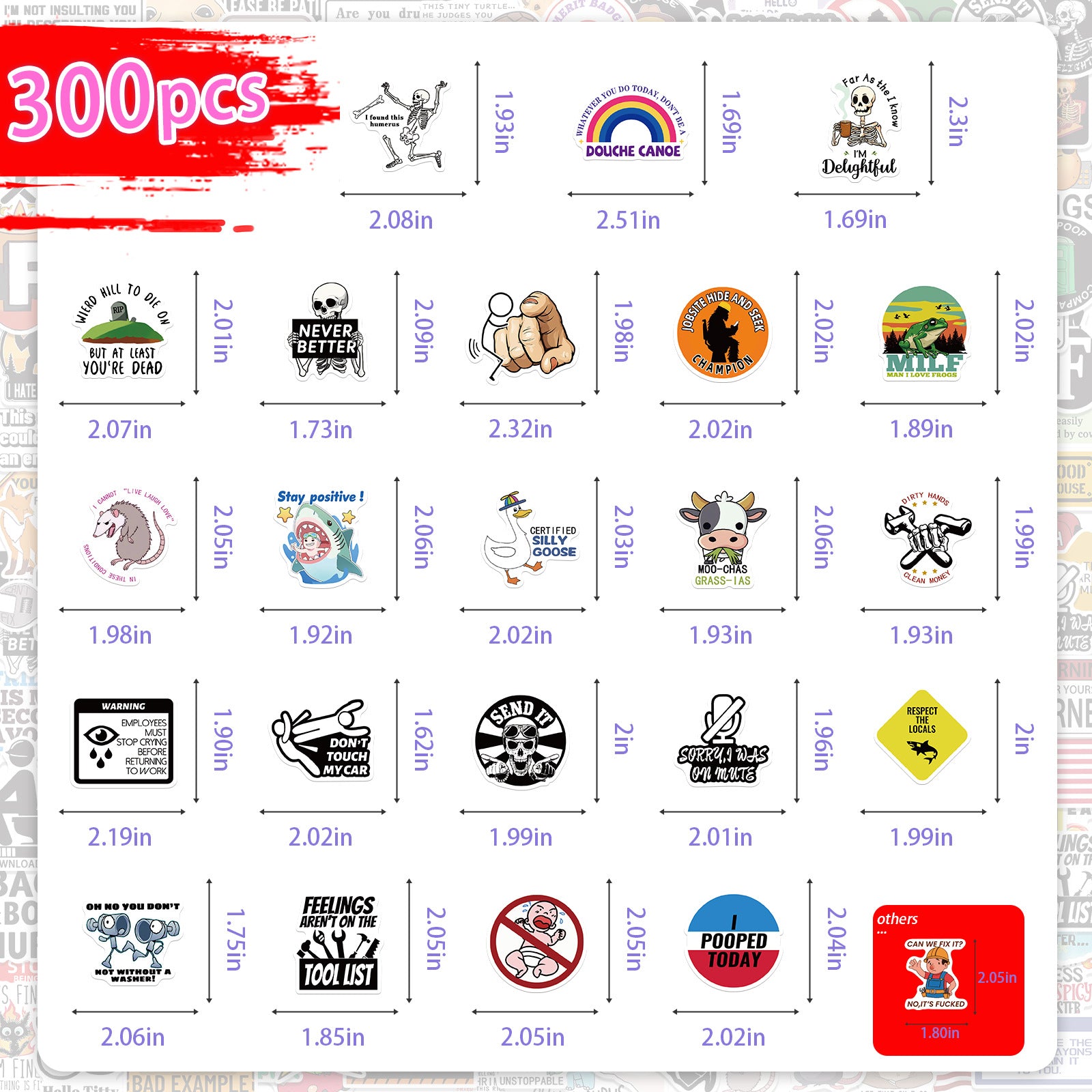 300 Pcs Prank Meme Graffiti Stickers Pack - Waterproof PVC Personalized Decals for Laptop, Luggage, Water Bottle DIY Decoration