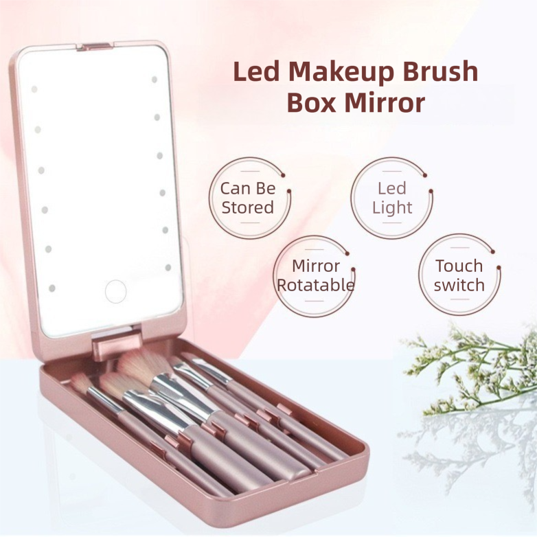 White Portable LED Makeup Mirror with Lights & Brushes (9x2.5x16CM) - Mini Foldable Desktop Vanity Mirror with Dual Color Temperature
