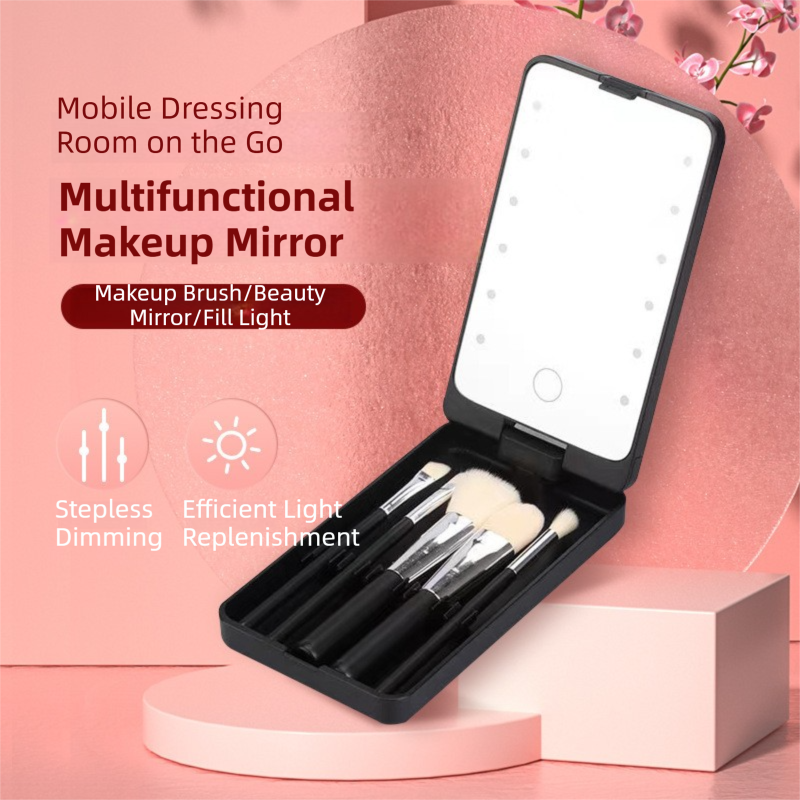 Black Portable LED Makeup Mirror with Lights & Brushes (9x2.5x16CM) - Mini Foldable Desktop Vanity Mirror with Dual Color Temperature