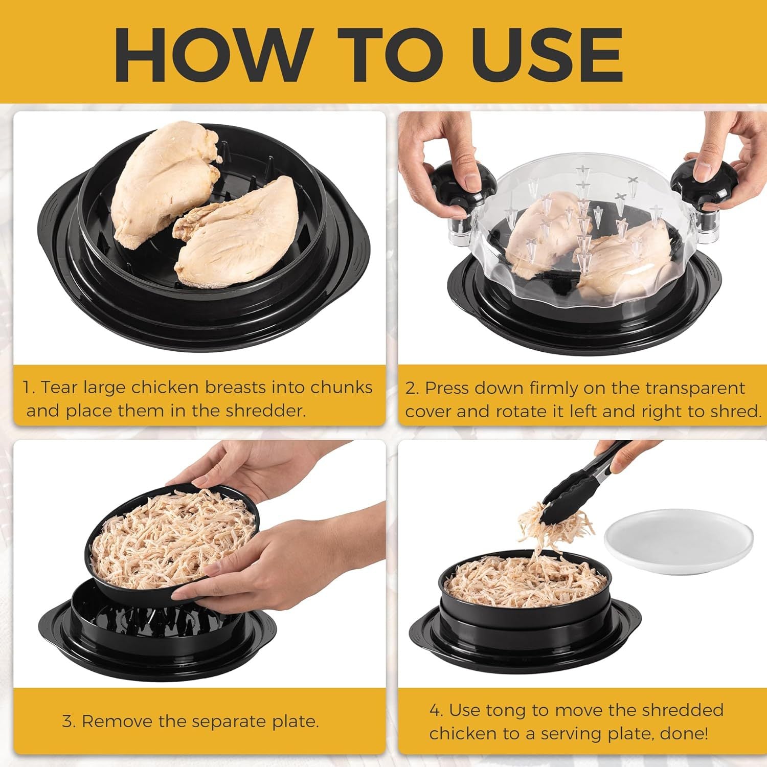 Black Chicken Shredder Machine with Transparent Lid & Brush - Manual Meat Chopper and Pulverizer for Cooked Chicken and Pet Food