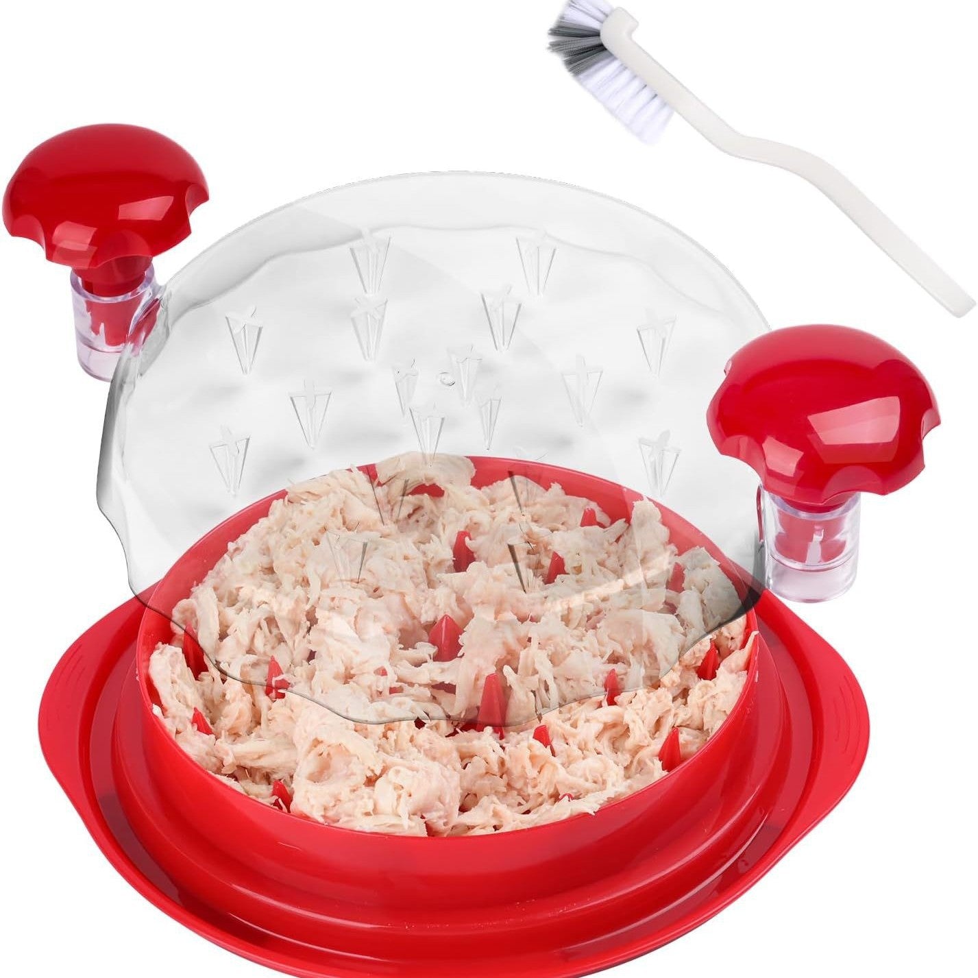 Red Chicken Shredder Machine with Transparent Lid & Brush - Manual Meat Chopper and Pulverizer for Cooked Chicken and Pet Food