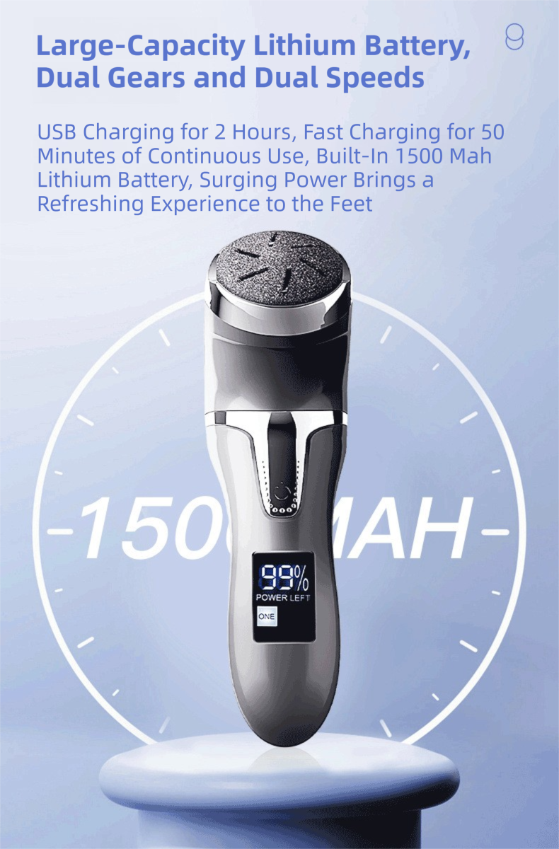 White Portable Electronic Pedicure File Set -  Waterproof Electric Foot Callus Remover with Dual-Speed and LCD Display, USB Rechargeable