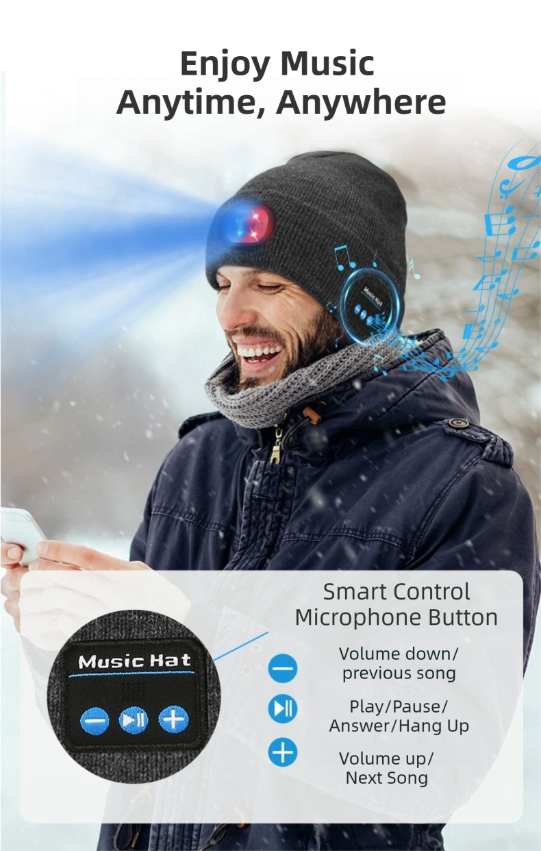 Dark Grey Removable LED Bluetooth Headphone Beanie - Washable Knit Hat with 3-Level LED Illumination & Stereo Sound, USB Rechargeable