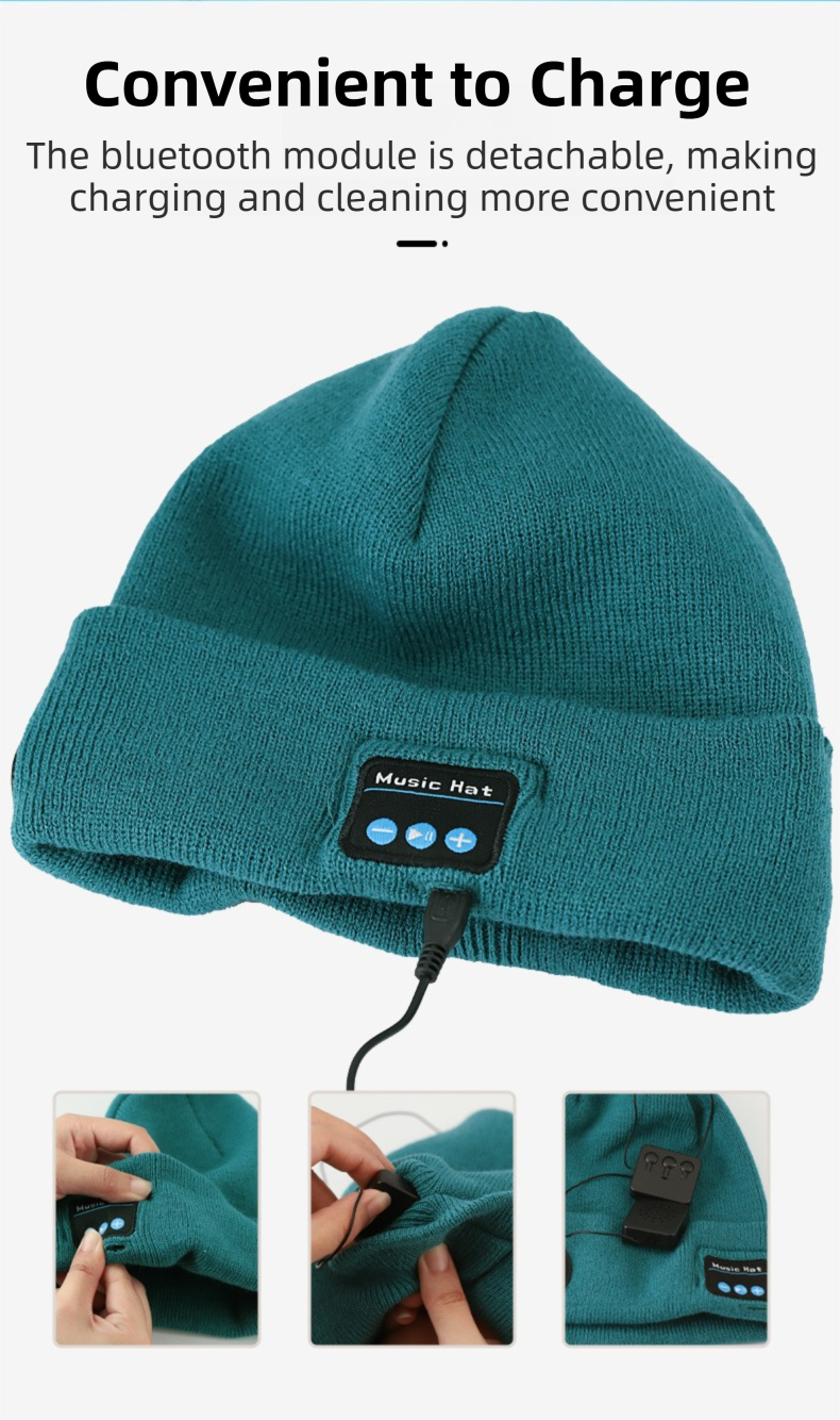 Light Blue Removable LED Bluetooth Headphone Beanie - Washable Knit Hat with 3-Level LED Illumination & Stereo Sound, USB Rechargeable