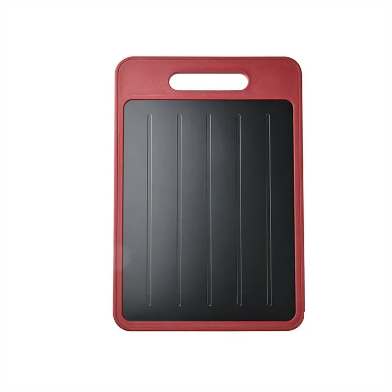 Red and black rectangular cutting board with measurements and weight displayed.