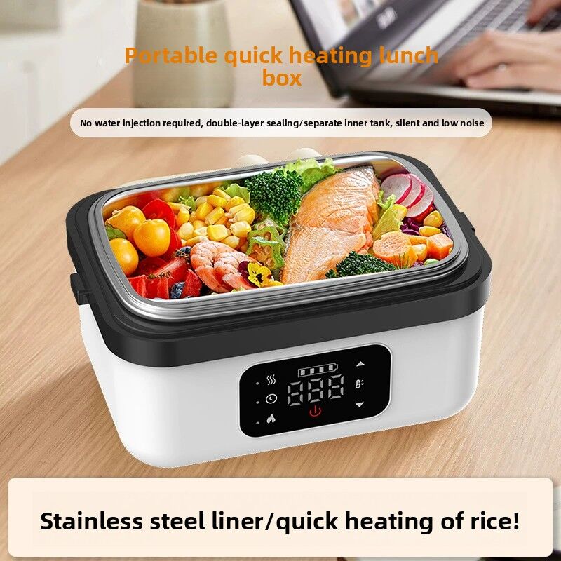 1L White Cordless Waterless Heated Lunch Box - Portable 304 Stainless Steel Bento Box for Picnic Students Office Workers, Timed Insulation & USB Rechargeable