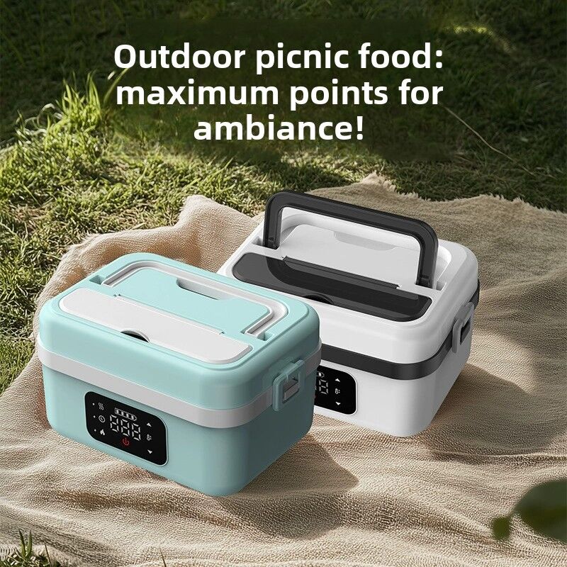 1L Black-Blue Cordless Waterless Heated Lunch Box - Portable 304 Stainless Steel Bento Box for Picnic Students Office Workers, Timed Insulation & USB Rechargeable