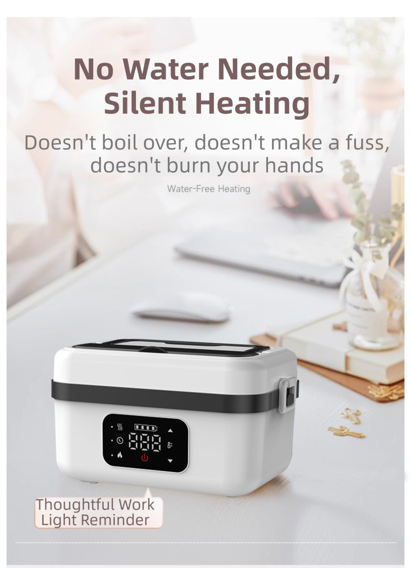 1L Black-Blue Cordless Waterless Heated Lunch Box - Portable 304 Stainless Steel Bento Box for Picnic Students Office Workers, Timed Insulation & USB Rechargeable