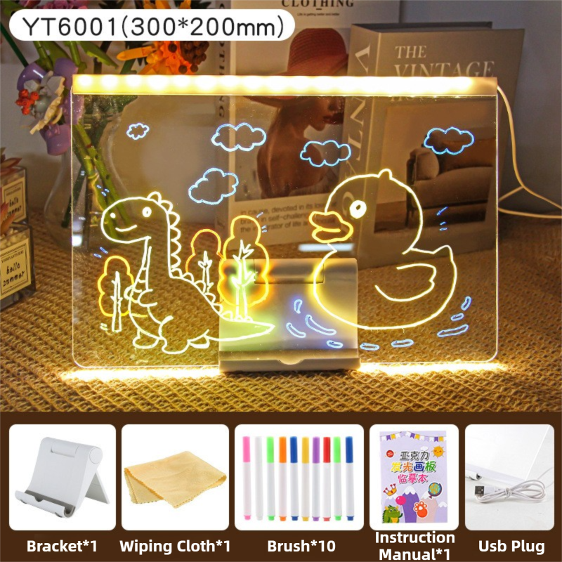 30x20CM LED Light-Up Tracing Doodle Board with 10 Brushes  - Erasable Fluorescent Drawing Tablet for Kids, Creative Painting, and Interactive Decoration/Gift