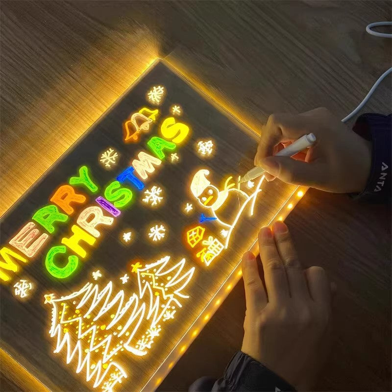 30x20CM LED Light-Up Tracing Doodle Board with 10 Brushes  - Erasable Fluorescent Drawing Tablet for Kids, Creative Painting, and Interactive Decoration/Gift