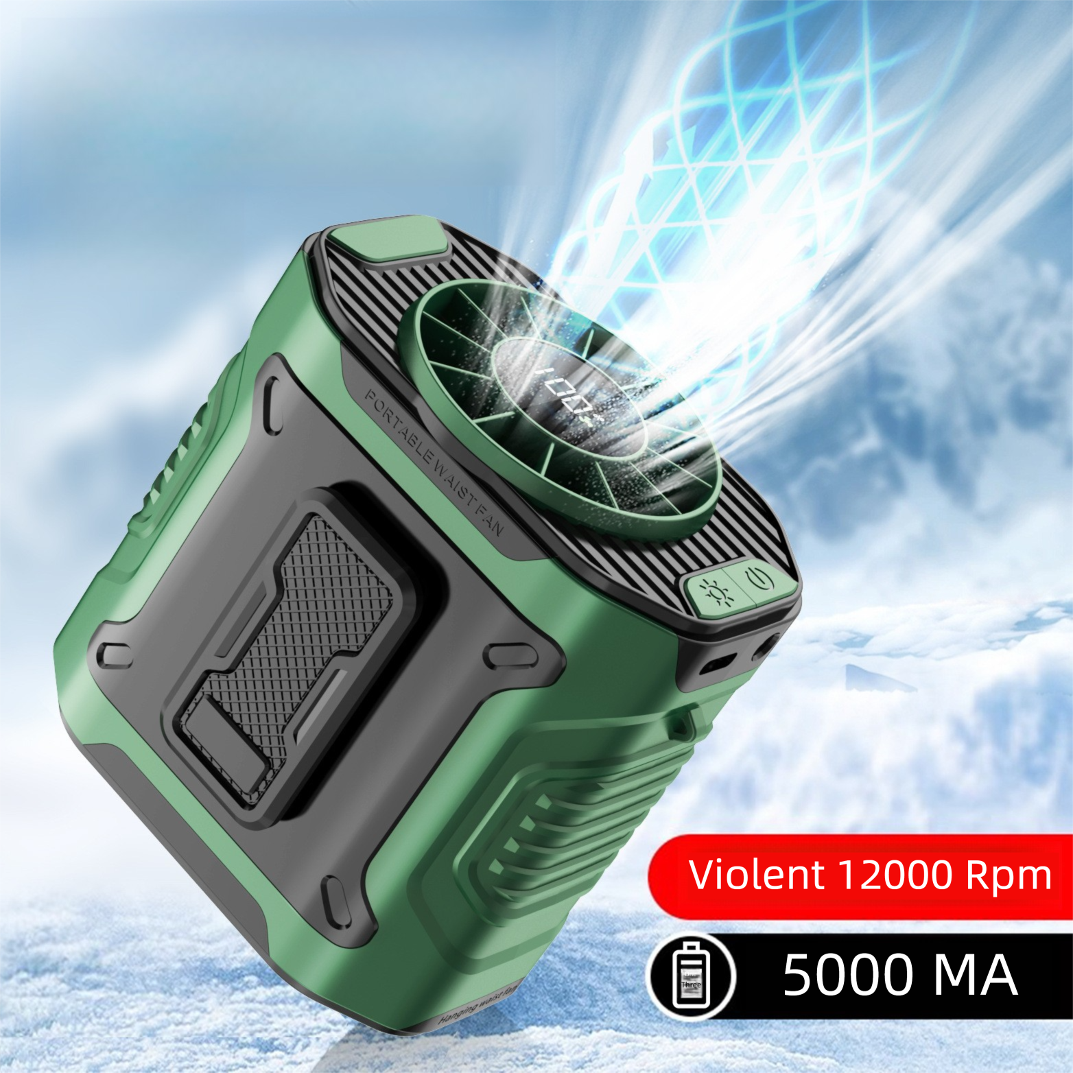 Dark Green Portable Waist Fan - Construction Site Cooling Solution with 360° Turbo Ice Engine, 100 Speed Gears, and LED Light