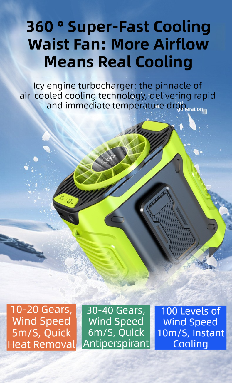 Light Green Portable Waist Fan - Construction Site Cooling Solution with 360° Turbo Ice Engine, 100 Speed Gears, and LED Light