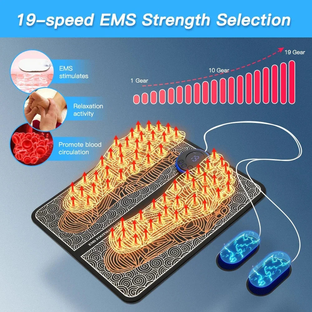 EMS Foot Massager Mat With Neck Patch + 4 Adhesive Pads + Remote Control  - Pulse Device for Foot Reflexology, Deep Tissue Massage and Acupressure Stimulation
