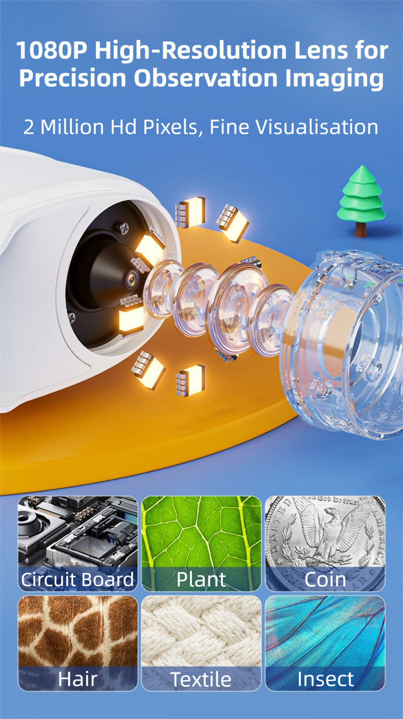 White Kids Handheld Digital Microscope - 2.4-inch HD Portable Magnifier with 1000x Magnification, 2MP Camera, and Built-in Storage & LED