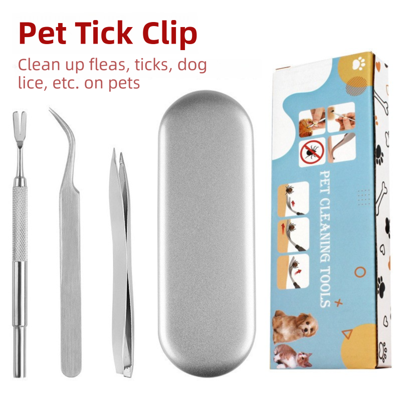 Stainless Steel Pet Tick Remover Tool Kit - Professional Fork, Double-Head Clip, and Curved Tweezers for Dogs and Cats