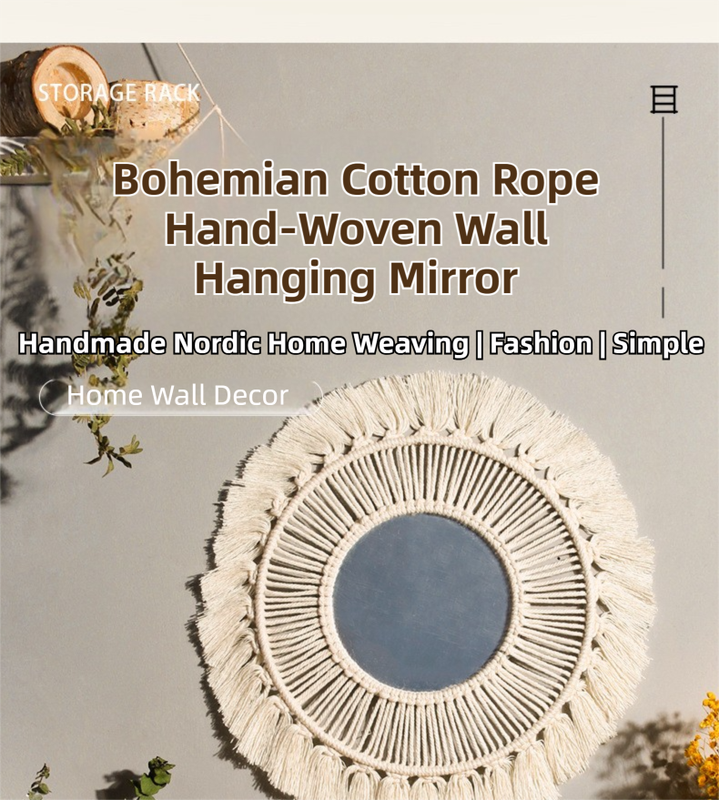 M0404 Bohemian Macrame Wall Hanging Mirror with Hand-Woven Petal Accents - Artistic Round Fringe Mirror for Home Decor