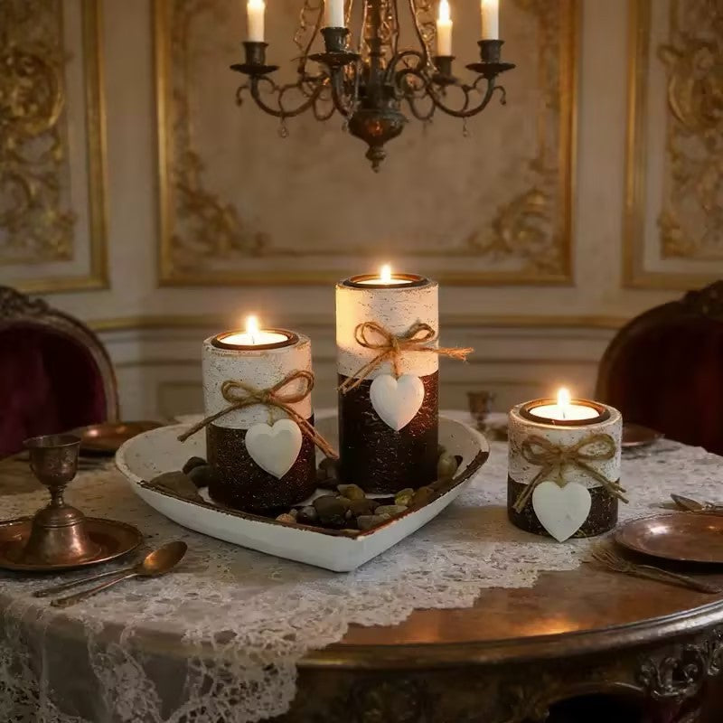 4-Piece Wooden Heart Tealight Candle Holder Set with Decorative Tray & Stones (Starry Sky) - Rustic Home Centerpiece with Bow Accents