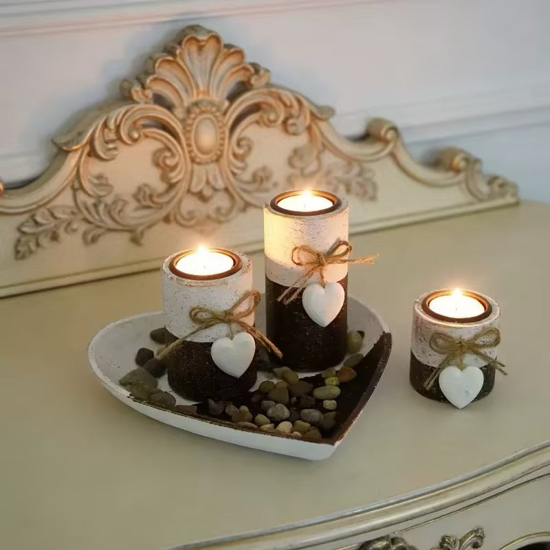 4-Piece Wooden Heart Tealight Candle Holder Set with Decorative Tray & Stones (Starry Sky) - Rustic Home Centerpiece with Bow Accents