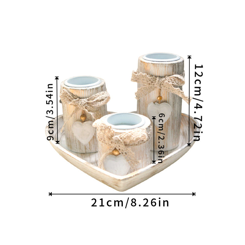 4-Piece Wooden Heart Tealight Candle Holder Set with Decorative Tray & Stones (Starry Sky) - Rustic Home Centerpiece with Bow Accents