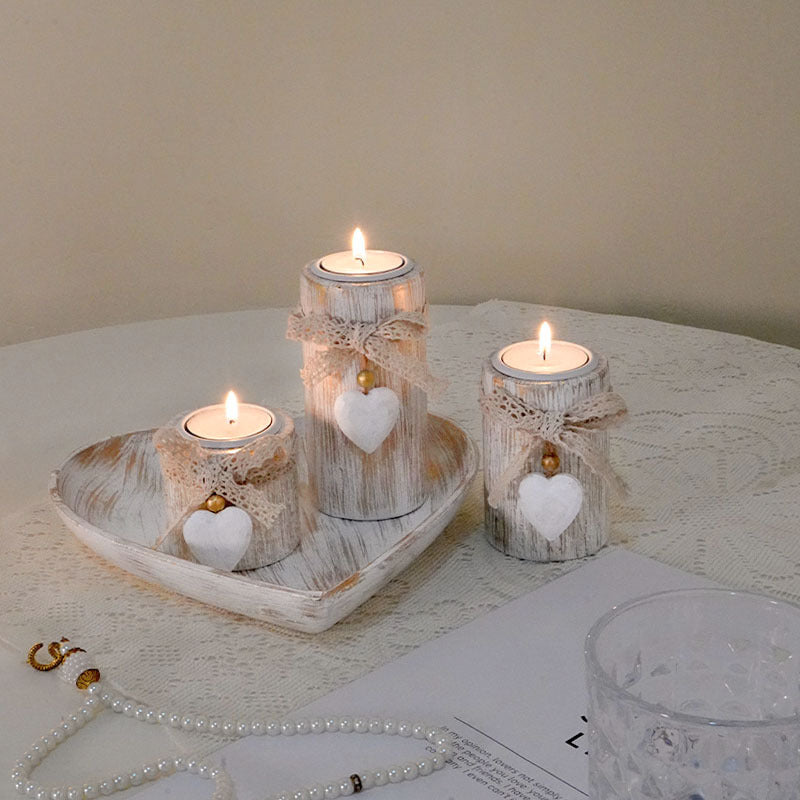 4-Piece Wooden Heart Tealight Candle Holder Set with Decorative Tray & Stones (Antique Wood) - Rustic Home Centerpiece with Bow Accents