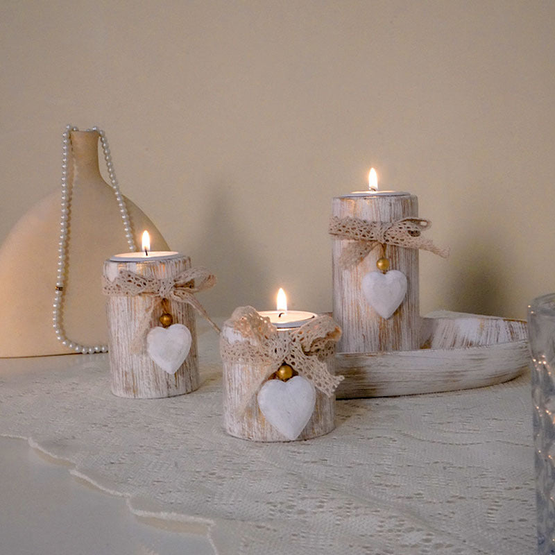 4-Piece Wooden Heart Tealight Candle Holder Set with Decorative Tray & Stones (Antique Wood) - Rustic Home Centerpiece with Bow Accents