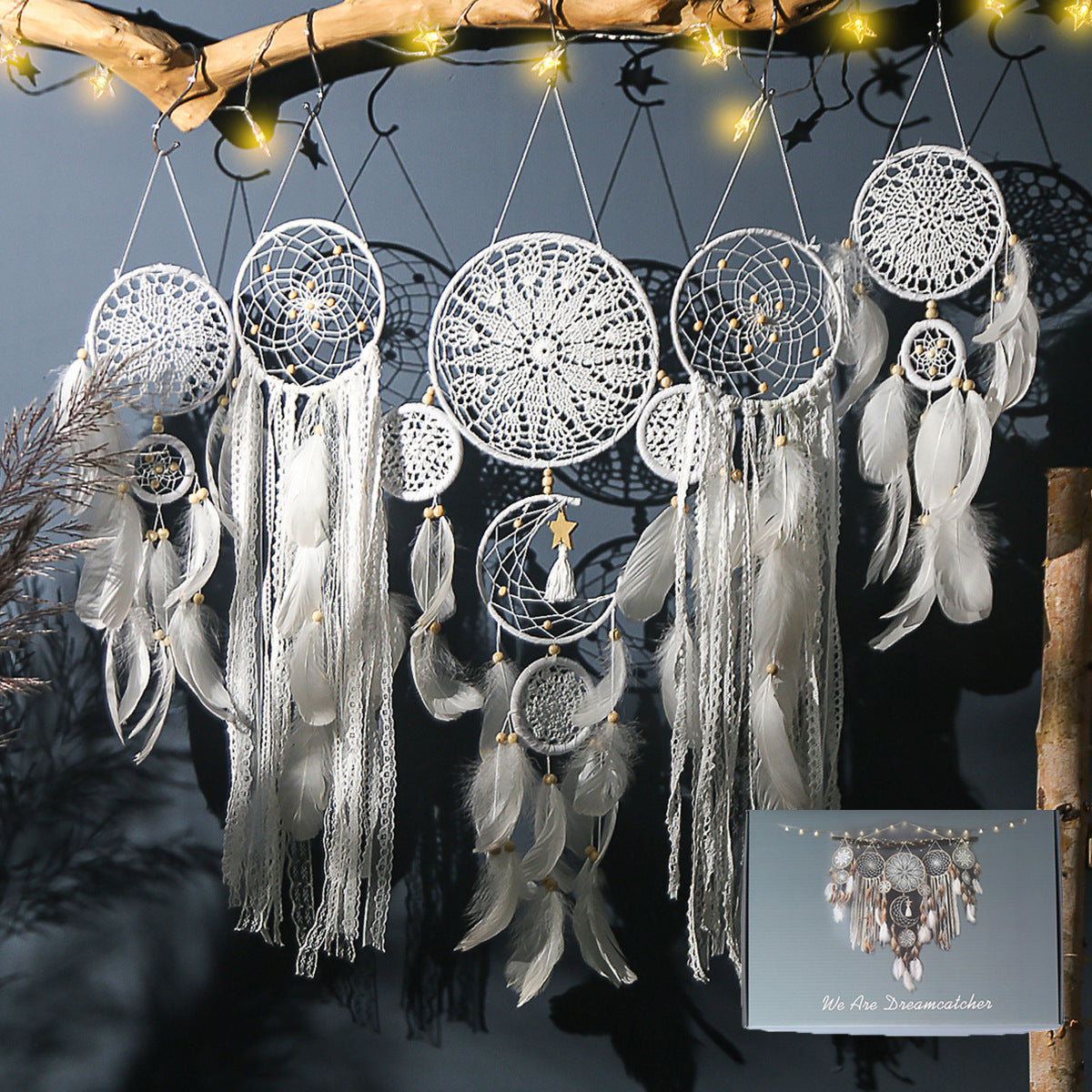 5-Piece Bohemian Handmade Dreamcatcher Wall Hanging Set (White) - Nordic Style Feather Room Decor with Premium Gift Box