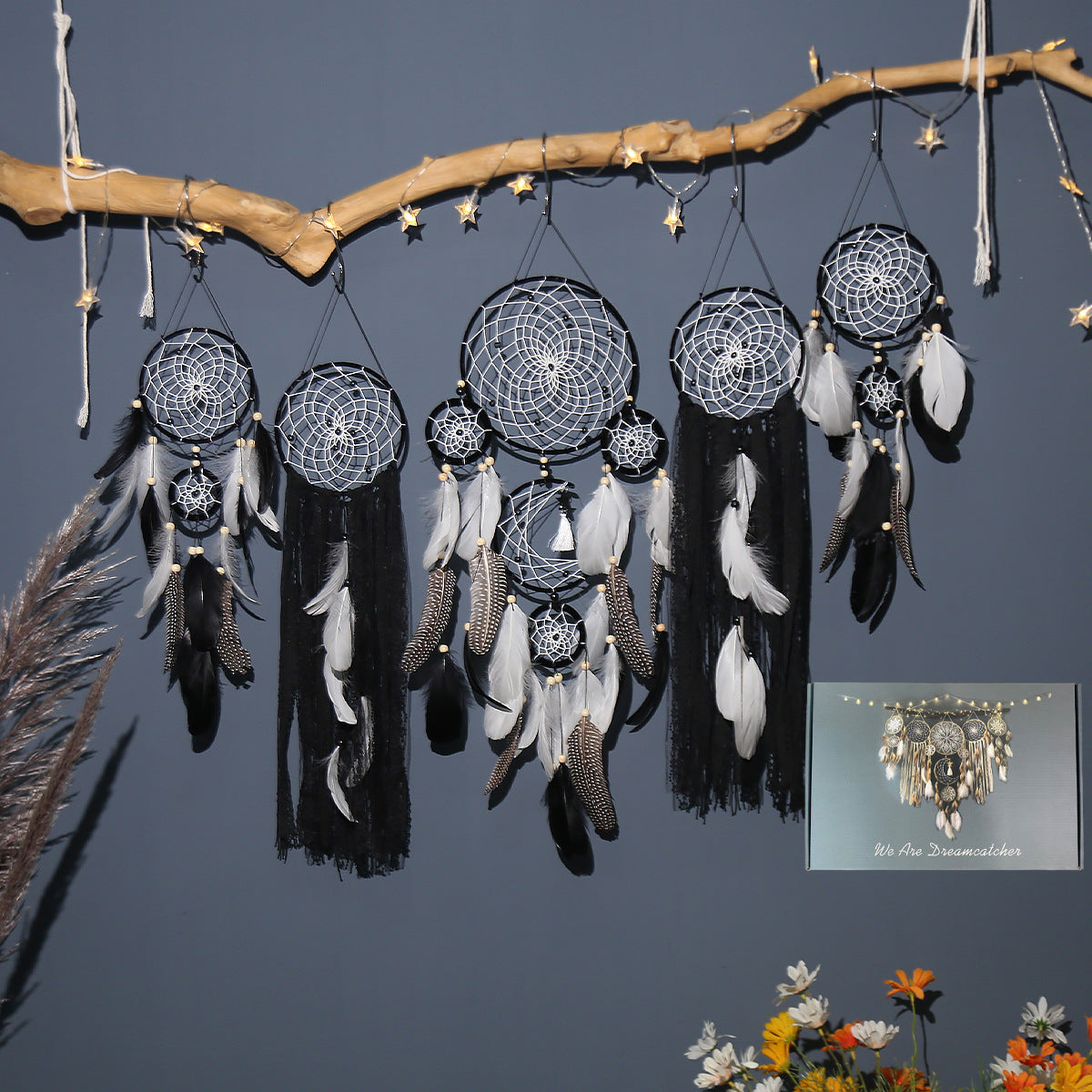5-Piece Bohemian Handmade Dreamcatcher Wall Hanging Set (Black) - Nordic Style Feather Room Decor with Premium Gift Box
