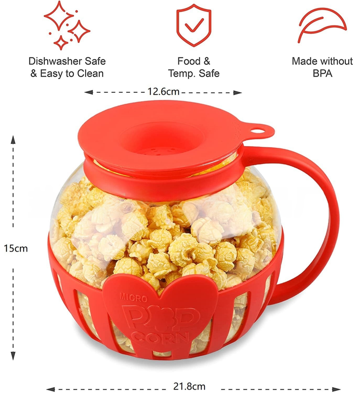 2.25QT Red Borosilicate Glass Microwave Popcorn Popper - Healthy Chemical-Free Snack Maker - Dishwasher Safe & Wide Mouth Design