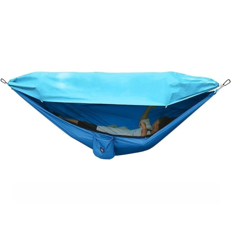 290 x 140CM Professional Nylon Hammock with Integrated Mosquito Net & Sunshade - 2-Person  Anti-Rollover Camping Swing with Heavy-Duty Installation Kit (Blue)