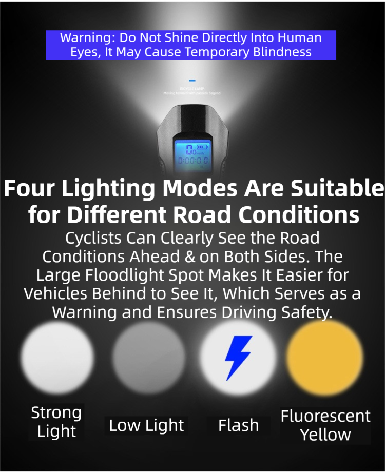 Black Professional 3-in-1 Waterproof Bicycle Headlight with Integrated Speedometer & Horn - High-Lumen Night Riding Safety Lamp, USB Rechargeable Bike Computer