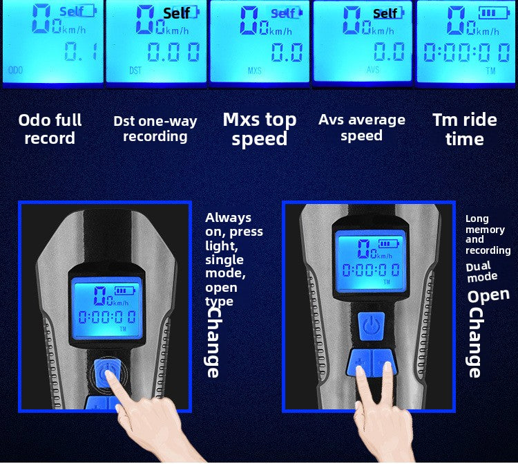 Blue Professional 3-in-1 Waterproof Bicycle Headlight with Integrated Speedometer & Horn - High-Lumen Night Riding Safety Lamp, USB Rechargeable Bike Computer