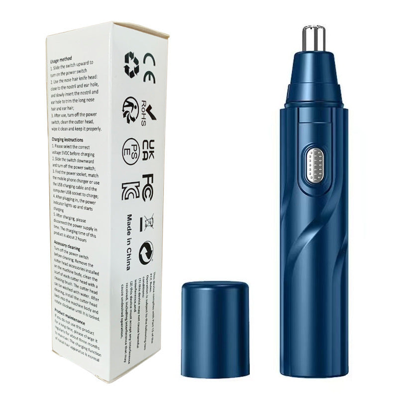 CX-D2 Blue Electric Nose Hair Trimmer(12x2.5CM) - High-Speed 360° Rotating Blade, Painless Ear and Nose Hair Groomer with USB Charging