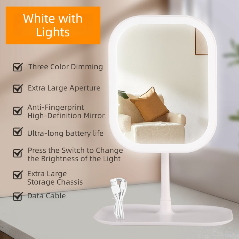 Portable LED Makeup Mirror with Integrated Fill Light & Storage Chassis - 360°Rotatable High-Definition Stylish Tabletop Vanity Mirror(White)