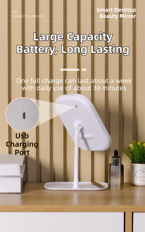 Portable LED Makeup Mirror with Integrated Fill Light & Storage Chassis - 360°Rotatable High-Definition Stylish Tabletop Vanity Mirror(White)