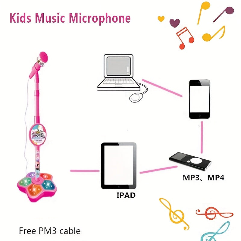 Kids Pink Karaoke Microphone & Adjustable Stand Toy - Portable Singing Machine Educational Musical Toy, Connects to Smartphones for MP3 Music Playback
