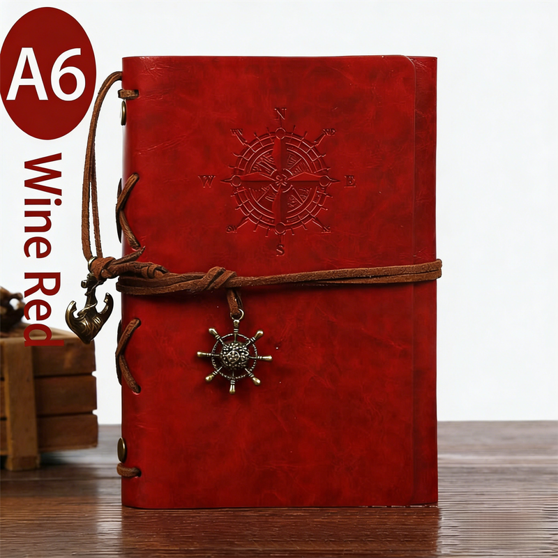 2-Pack A6 Nautical Vintage PU Leather Student Notebook - Pirate Style Strapped Diary with 150 Pages of Refillable Kraft Paper(Wine Red)