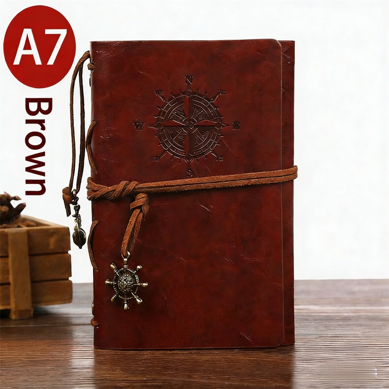 2-Pack A7 Nautical Vintage PU Leather Student Notebook - Pirate Style Strapped Diary with 150 Pages of Refillable Kraft Paper(Brown)