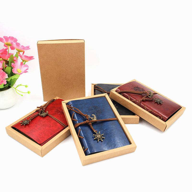 2-Pack A7 Nautical Vintage PU Leather Student Notebook - Pirate Style Strapped Diary with 150 Pages of Refillable Kraft Paper(Wine Red)